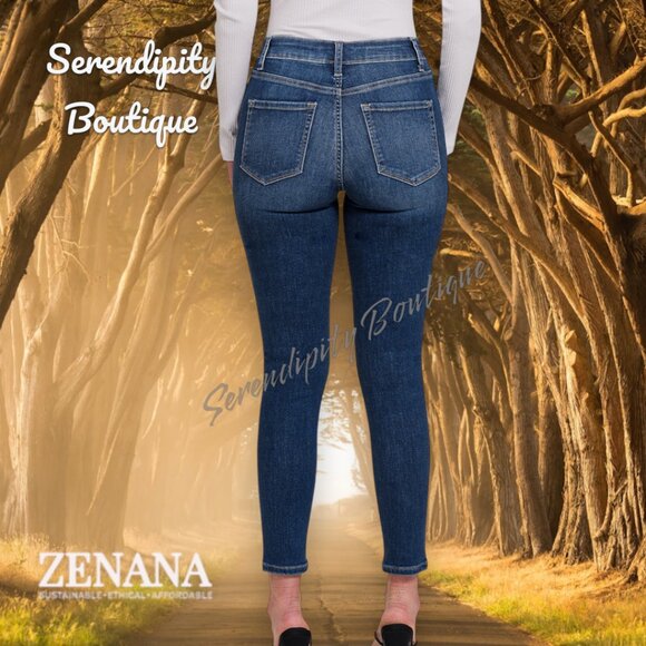 Zenana Super Stretch Skinny High Rise Lightly Distressed Dark Wash Denim Jeans - Picture 4 of 11